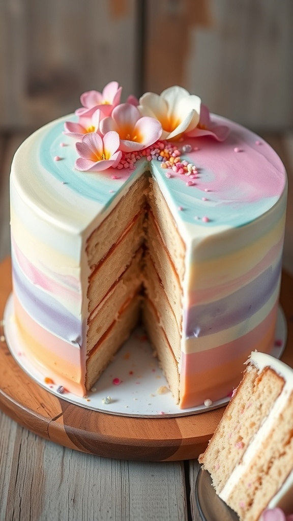 A stunning buttercream watercolor cake with pastel colors, decorated with flowers and sprinkles on a rustic table.